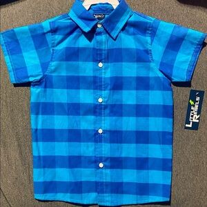 NEW Little Rebel Boys Size 7 Blue Short Sleeve Checkered Button Down Plaid Shirt